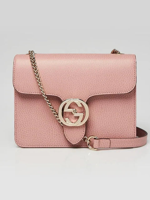 Gucci Soft Pink Dollar Calfskin Interlocking G Leather Shoulder Bag Handbag Italy NEW