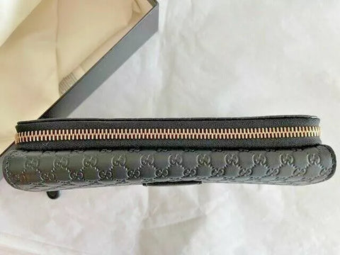 Gucci Signature Micro GG Black Fold Wallet Leather Purse Italy Zip Card Case NEW