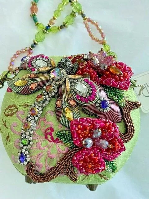 Mary Frances Damsel In Flight Hard Zip Novelty Bag Green Bead Handbag Purse NEW