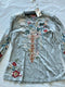 Johnny Was Ellia Heather Grey Puff Sleeve Shirt Blouse Floral Bird Long Cotton Embroidery Top NEW