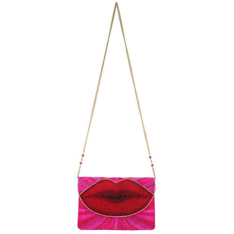 Mary Frances Smooch Crossbody Clutch Handbag Red Lips Beaded Pink Bag New