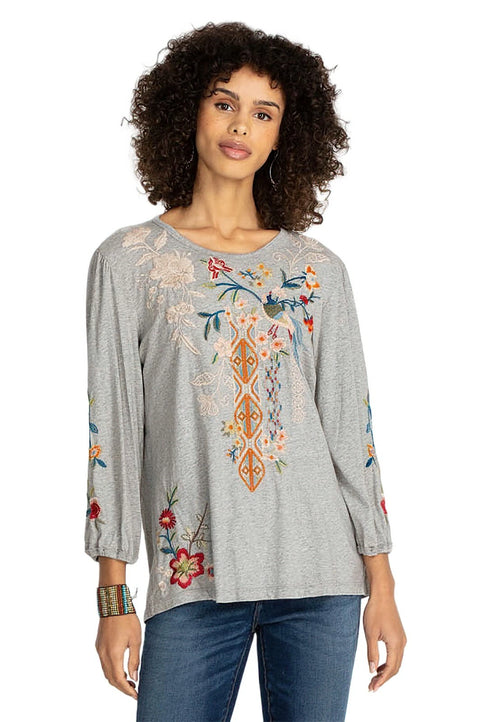 Johnny Was Ellia Black Puff Sleeve Shirt Blouse Floral Bird Long Cotton Embroidery Top NEW