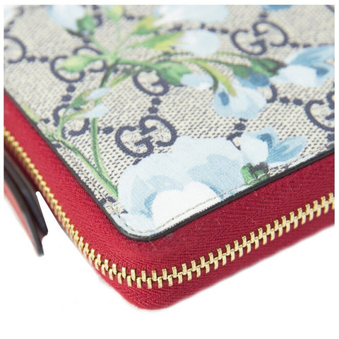 GUCCI Blooms GG Supreme Red Trim Blue Navy Flowers Zip Around Purse Wallet New
