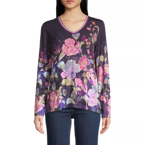 Johnny Was Janie Favorite Valeria Long Floral Special Tee Purple Top Shirt NEW
