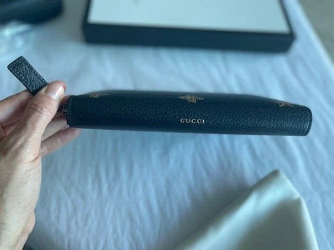 Gucci Bee Star Design Black Leather Long Wallet Women Zip Around Gold Italy NEW