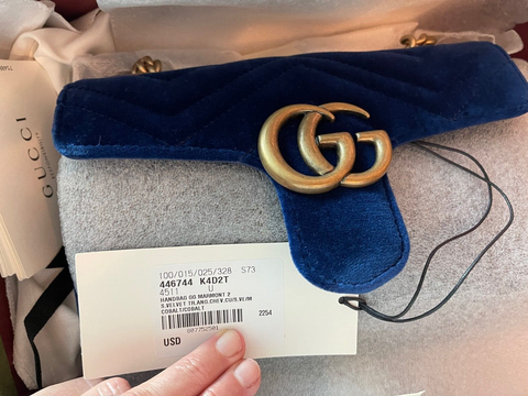 Gucci Velvet Matelasse Small GG Marmont Shoulder Bag Cobalt Blue Gold Handbag NEW