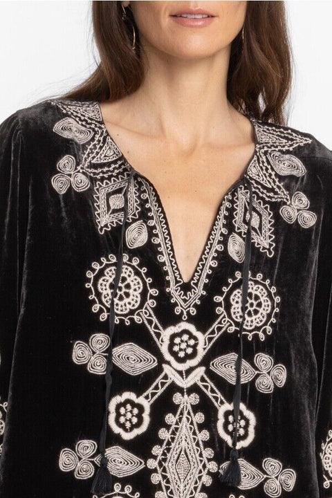 Johnny Was Liona Velvet Kimono Sleeve Dress Flowers Embroidery Black Floral NEW