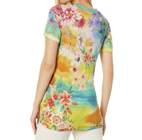 Johnny Was Tie Dye Favorite Short Sleeve Crew Neck Tee Floral Shirt Flowers New