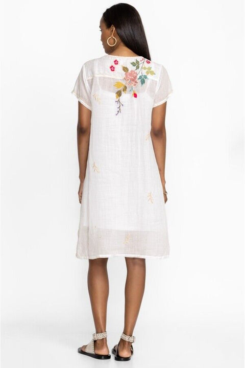 Johnny Was Adele Drape Tunic Dress Floral Embroid Flowers White Ramie New