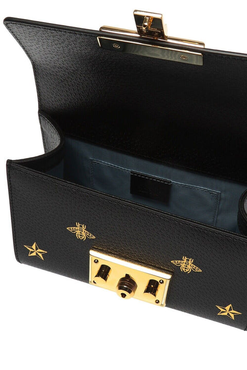 Gucci Black Bee Gold Star Padlock Italy Top Handle Small Leather Handbag Bag New