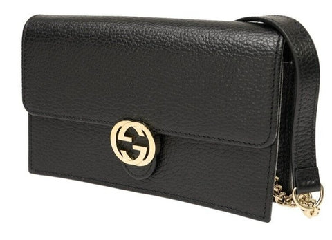Gucci GG Black Crossbody Handbag Calf Leather Gold Chain Purse Bag Italy NEW