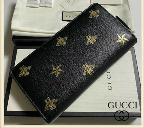 Gucci Bee Star Design Black Leather Long Wallet Women Zip Around Gold Italy NEW