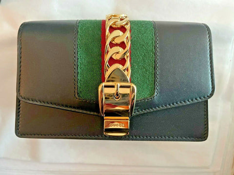 Gucci Black Leather Small Mini Gold Chain Handbag Bag Sylvie Super Web Italy NEW