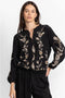 Johnny Was Calipso Button Neck Field Blouse Silk Embroidery Black Shirt Top New