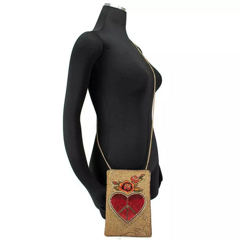 Mary Frances I Love Peace Red Heart Handbag Crossbody Phone Bag Gold Purse NEW