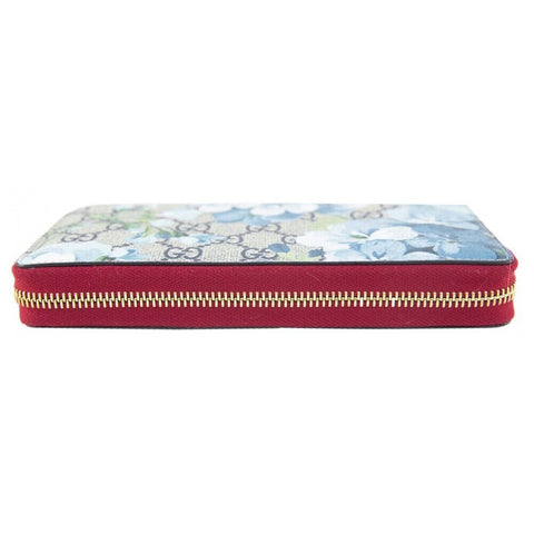 GUCCI Blooms GG Supreme Red Trim Blue Navy Flowers Zip Around Purse Wallet New