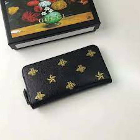Gucci Black Leather Large Long Wallet Zip Around Gold Oro Bee Star Italy NEW