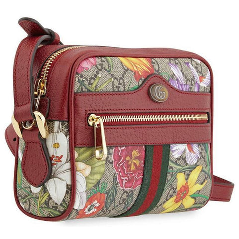 Gucci Ophidia Red Flora Small Camera Leather Canvas Flower Handbag Bag Italy New