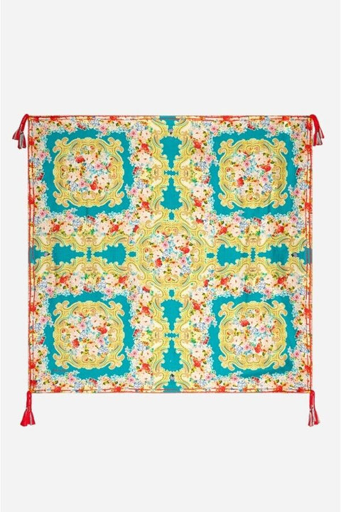 Johnny Was Rivoray Scarf Kaleidoscopic Sky Blue Flower Square Silk Tassel New
