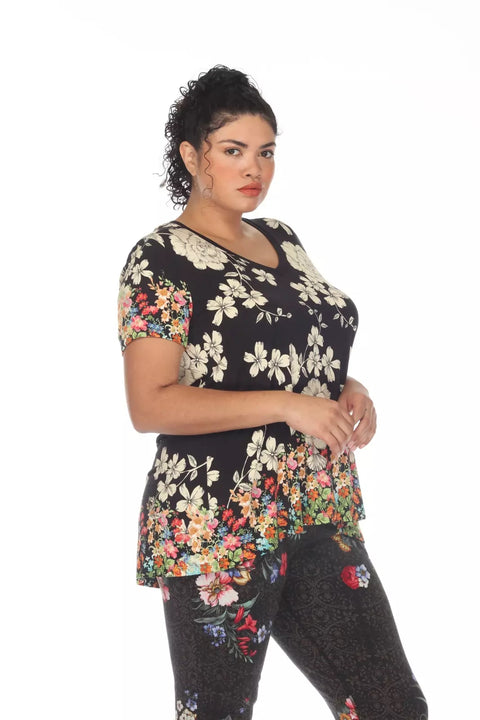 Johnny Was Redland Favorite Short Sleeve Floral V Neck Swing Tee Special Shirt Black New