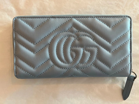 Gucci GG Marmont Ice Light Chevron Blue Continental Wallet Blue Leather New