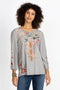 Johnny Was Ellia Heather Grey Puff Sleeve Shirt Blouse Floral Bird Long Cotton Embroidery Top NEW
