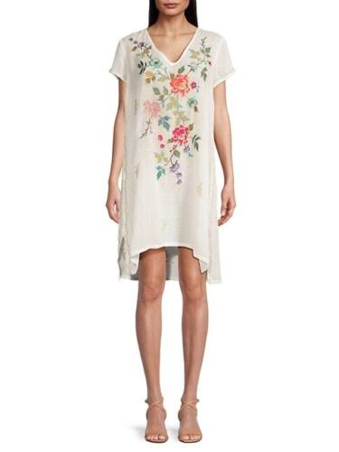 Johnny Was Adele Drape Tunic Dress Floral Embroid Flowers Plaid Viscose Blue New