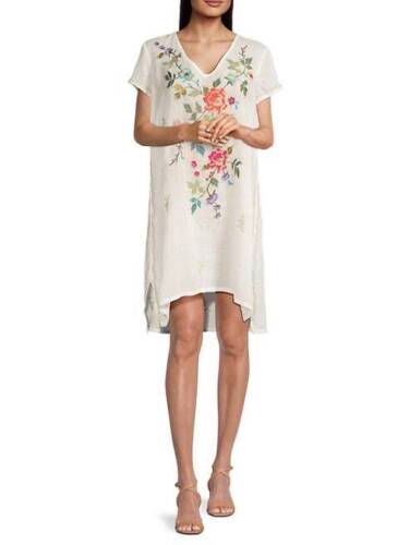 Johnny Was Adele Drape Tunic Dress Floral Embroid Flowers White Ramie New