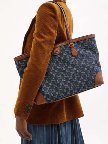 GUCCI Ophidia GG Jacquard Denim Tote Bag Italy Brown Leather Handbag New