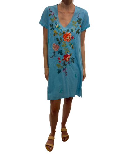 Johnny Was Adele Drape Tunic Dress Floral Embroid Flowers Plaid Viscose Blue New