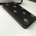 Gucci Black Leather Large Long Wallet Zip Around Gold Oro Bee Star Italy NEW