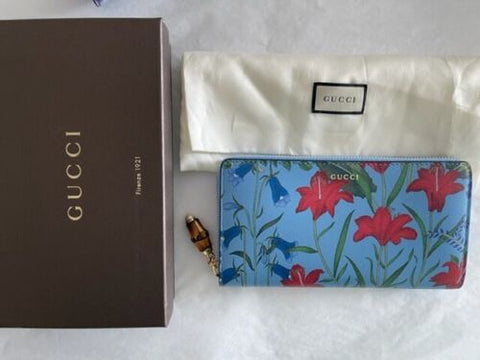 Gucci Nymphae Azure Shanghai Blue Large Floral Zip Wallet Purse Italy Bag NEW