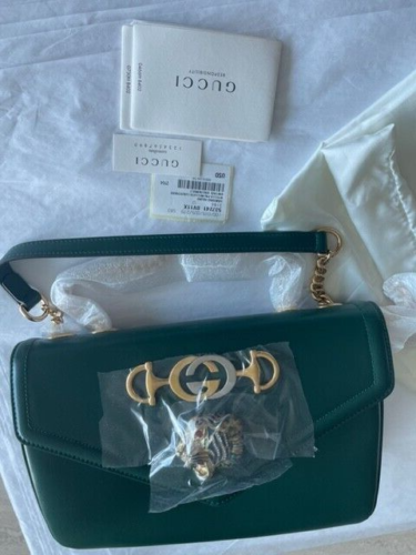 Gucci Rajah Chain Shoulder Bag Leather Medium Gold Dark Green Handbag Vitello NEW