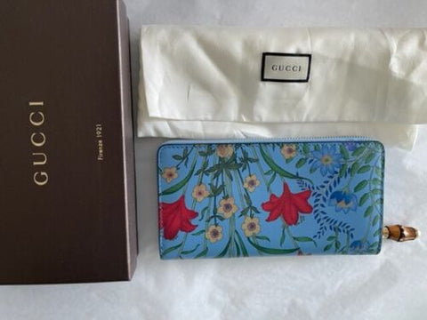 Gucci Nymphae Azure Shanghai Blue Large Floral Zip Wallet Purse Italy Bag NEW