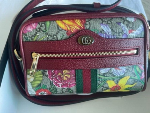 Gucci Ophidia Red Flora Small Camera Leather Canvas Flower Handbag Bag Italy New