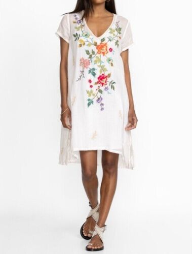 Johnny Was Adele Drape Tunic Dress Floral Embroid Flowers Plaid Viscose Blue New