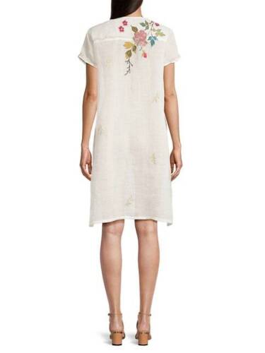 Johnny Was Adele Drape Tunic Dress Floral Embroid Flowers White Ramie New