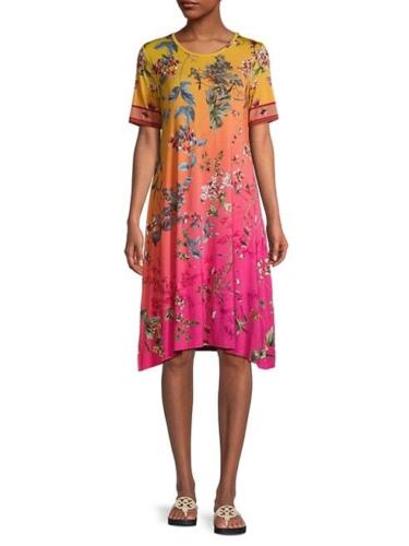 Johnny Was Emboy Swing Dress Blouse Floral Short Pink Yellow Flowers Small NEW