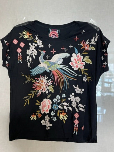 Johnny Was Ceretti Relaxed Tee Special Flower Black Floral Bird Cotton Shirt Top NEW