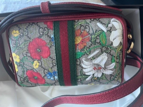 Gucci Ophidia Red Flora Small Camera Leather Canvas Flower Handbag Bag Italy New