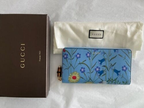 Gucci Nymphae Azure Shanghai Blue Large Floral Zip Wallet Purse Italy Bag NEW
