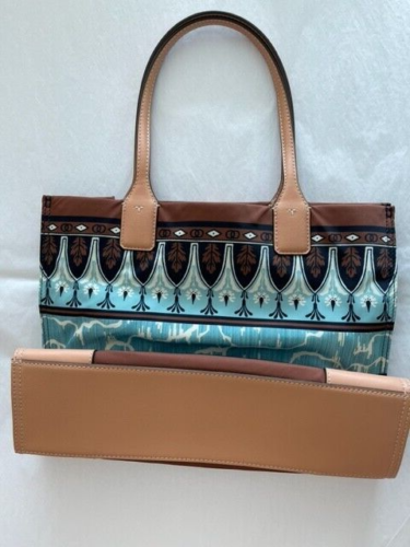 Tory Burch Small Ella Printed Tote Polyester Blue Brown Handbag Bag New