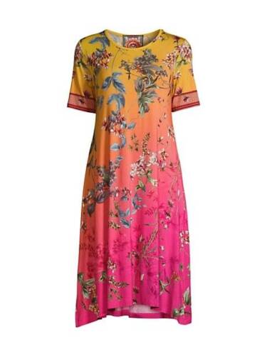 Johnny Was Emboy Swing Dress Blouse Floral Short Sleeve Pink Yellow Flowers New