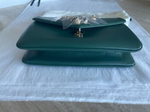 Gucci Rajah Chain Shoulder Bag Leather Medium Gold Dark Green Handbag Vitello NEW