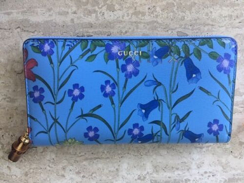 Gucci Nymphae Azure Floral Blue Continental Wallet Leather Box Italy Flower New
