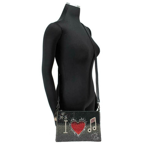 Mary Frances I Love Music Zip Heart Red Silver Black Crossbody Handbag Bag New