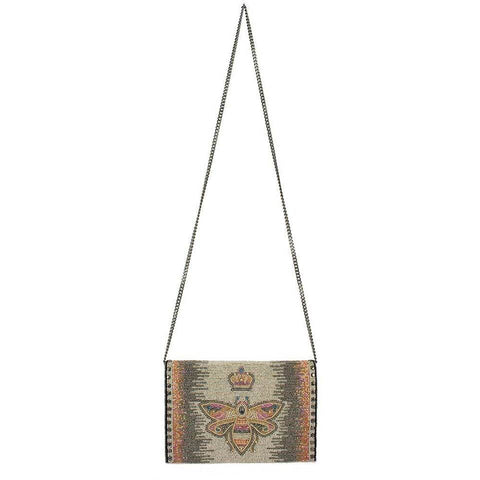 Mary Frances Queen Bee Crossbody Chain Handbag Bag Beaded Black Gold Cream New