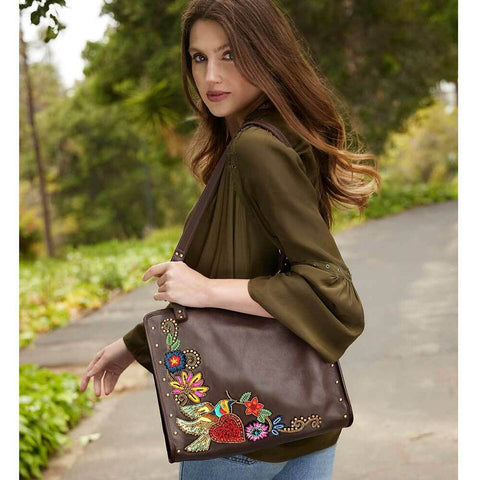 Mary Frances Mix It Up Brown Shoulder Leather Bag Handbag Bead Winter Floral NEW