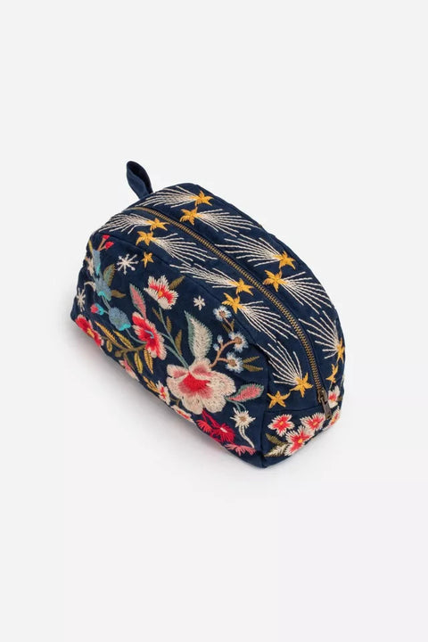 Johnny Was Lissa Cotton Make Up Bag Velvet Cosmetic Case Handbag Purse Blue NEW
