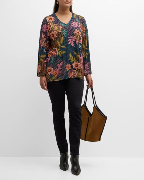 Johnny Was Delfino V Neck Kimono Sleeve Tee Flowers Blue Top Floral Shirt New